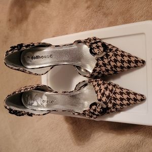 Dollhouse 4-inch heels in brown and tan houndstooth print.